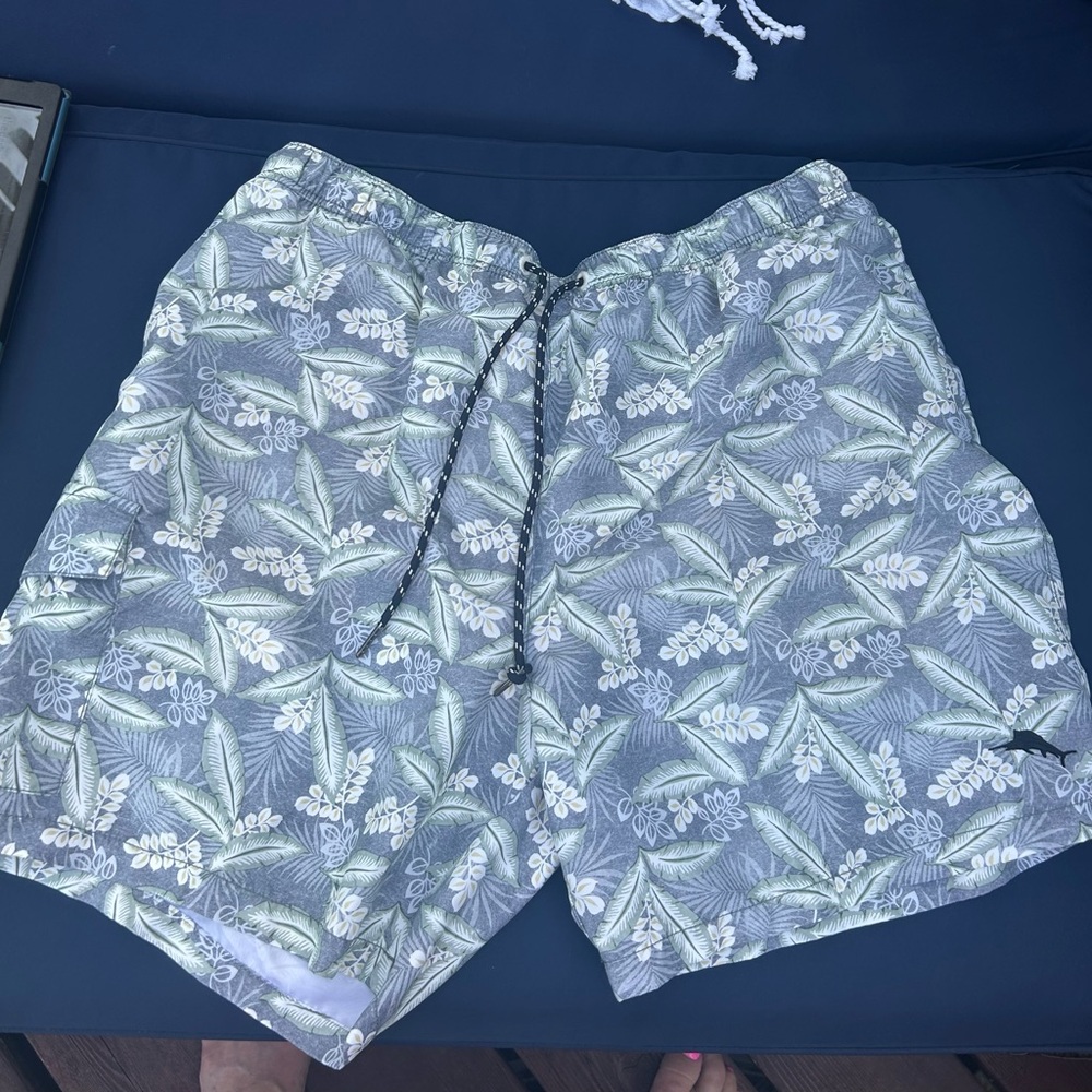 Tommy Bahama Gray and White Board Shorts with Elastic Waistband